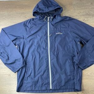 Eddie Bauer Mens Navy Blue Hooded Zip Up Windbreaker, size Large Tall
